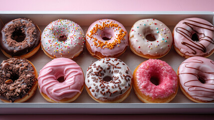Pastel-glazed donuts in mint, pink, and cream tones neatly arranged in open white box, styled under soft café lighting for inviting bakery visuals