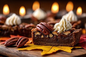 Close-up of Pecan Pie Squares with Whipped Cream on Autumn Leaves, Warm Lighting, Festive Holiday Dessert, Warm Tones, Shallow Depth of Field, Wooden Surface