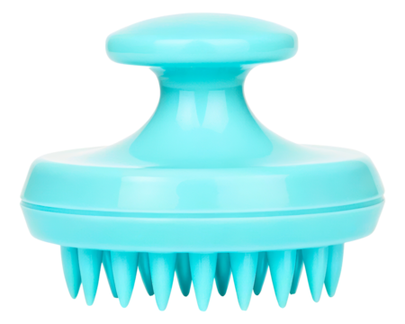 Light blue plastic scalp massager with silicone bristles for hair on a transparent background