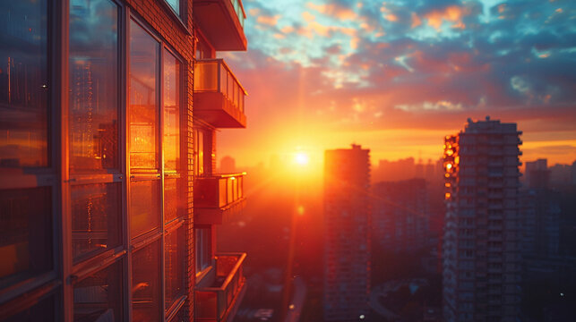 Sunburst Through High-Rise City Buildings at Sunrise