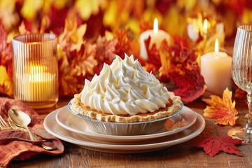 Festive Thanksgiving Pumpkin Pie with Swirled Whipped Cream, Autumn Leaves and Candlelight on a Rustic Wooden Surface, Warm Tones, Food Still Life