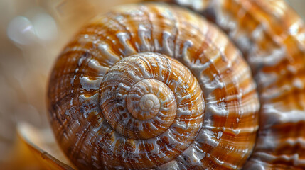Macro close-up of a natural snail shell showing detailed spiral ridges and subtle brown gradients, softly lit to highlight texture and form