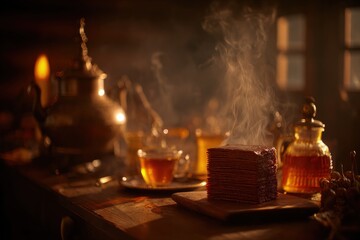 Atmospheric, low-key still life with stack of chocolate crepes, tea service, candlelight, and steaming beverages in a warm, golden-hued setting