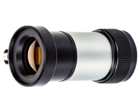 High-power astronomy telescope eyepiece with coated lens optics on a transparent background