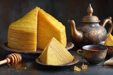 Yellow Layer Cake, Tea Service, and Honey Accents in Dark and Moody Tones