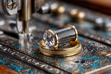 Intricate jewelry lies on a vintage sewing machine in a creative workspace environment