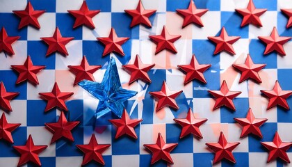 red and blue stars against transparent checkered backdrop highlighting contrasting color palette and geometric composition