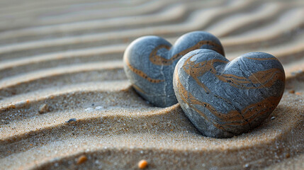 Minimalist top-down composition of three grey hearts on smooth sand with soft shadows, styled for peaceful, emotional, or wellness content