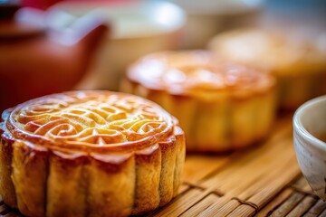 Traditional Chinese Pastries with Intricate Floral Designs, Warm Tones, Festive Atmosphere, Close-Up View