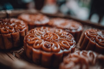 Close-up of Dark Brown Mooncakes with Intricate Floral Designs on a Woven Bamboo Tray, Selective Focus, Food Photography, Asian Desserts, Warm Light