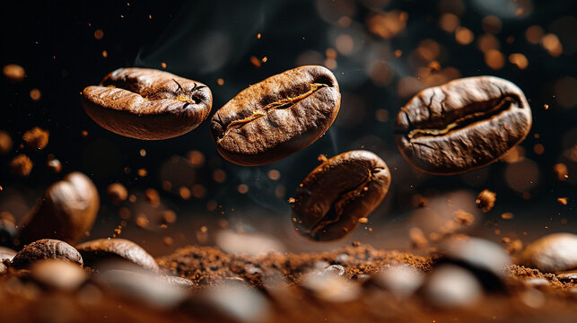 High-speed shot of roasted coffee beans in mid-air against a matte black background, crisp directional lighting enhancing texture, slight motion blur adding dynamic realism