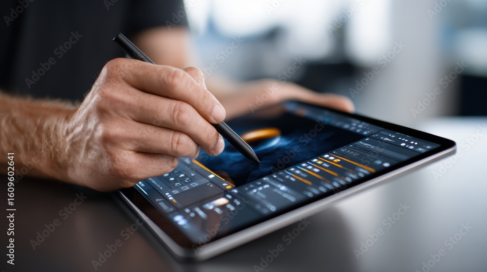 Poster a person uses a stylus to edit a photo on a tablet displaying advanced photo editing software.