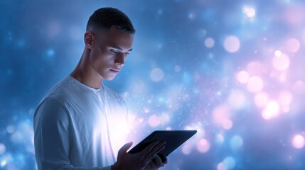 A young man intently uses a glowing tablet against a futuristic, bokeh-lit background, symbolizing modern technology and digital immersion.