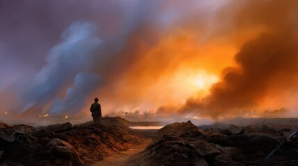 A lone figure stands on a rocky terrain, watching a massive wildfire engulf the horizon under a smoky, fiery orange sky.