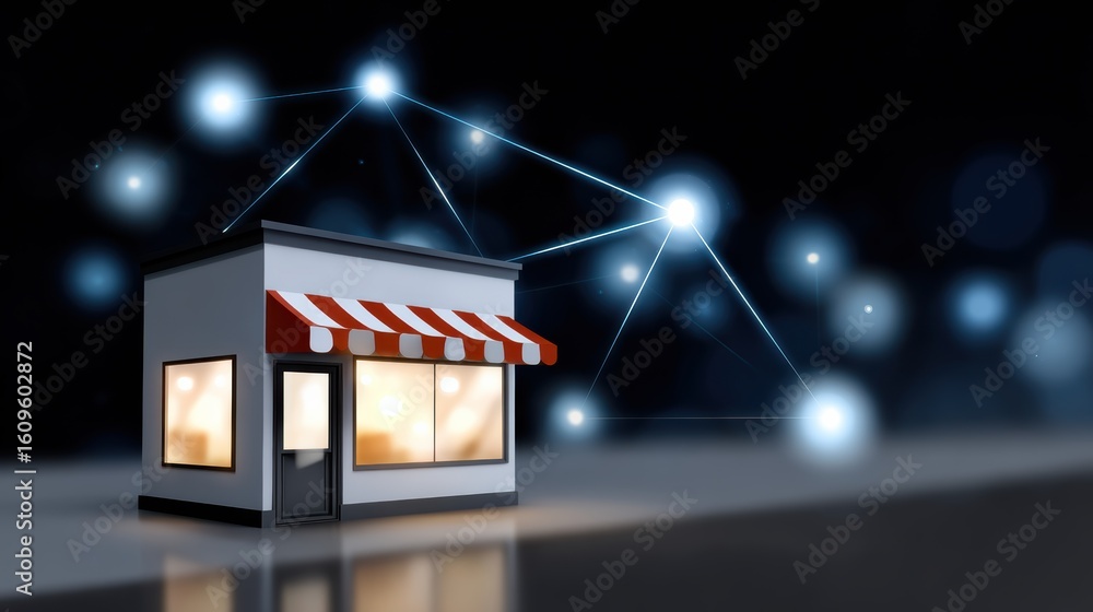 Poster a small shop with a red and white striped awning is connected by glowing network nodes, symbolizing 