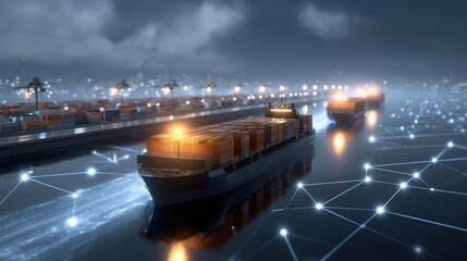 Large cargo ships navigating through a digital network, symbolizing futuristic maritime logistics and smart shipping technology.