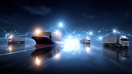 A futuristic scene of a cargo ship and trucks connected by glowing digital lines, symbolizing smart logistics and advanced transportation networks.