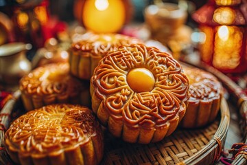 Close-up of Golden Mooncakes on Woven Tray, Featuring Intricate Designs and Warm Lighting for Mid-Autumn Festival Celebration [143 Chars]