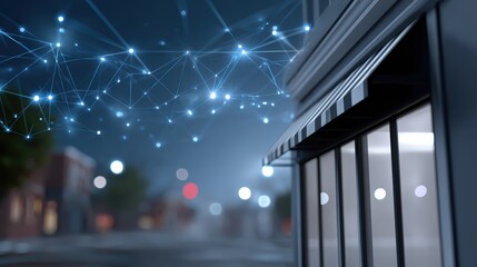 Digital network connections overlay a blurred urban night scene, symbolizing smart city technology and interconnected systems.