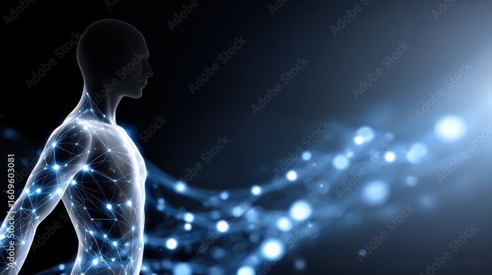Poster a digital humanoid figure with glowing neural network connections stands against a dark, futuristic 