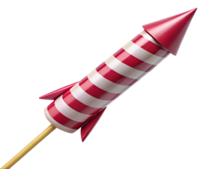 A festive red and white striped rocket firework on a stick isolated on a transparent background