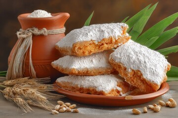 Stack of Fried Dough Pastries Dusted with Powdered Sugar, Earthenware Pot and Dish, Wheat Stalks, Almonds, and Green Leaves