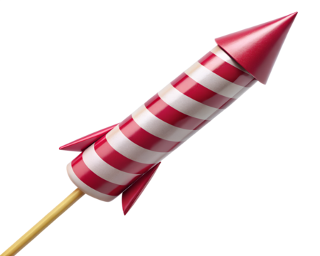 A festive red and white striped rocket firework on a stick isolated on a transparent background