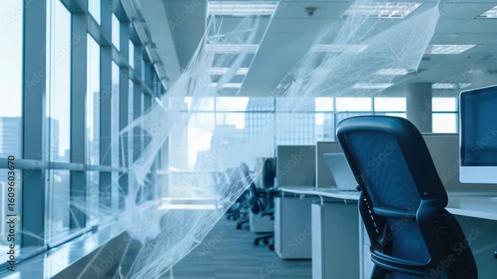 Poster a computer desk with a spider web decoration hanging from the ceiling