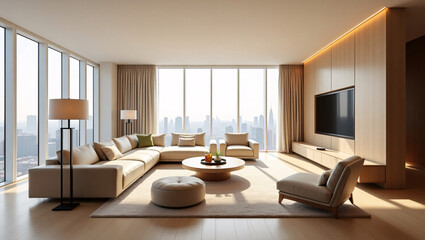 Fototapeta premium A modern, minimalist living room with a large beige sectional sofa, round coffee table, two armchairs, floor lamps, a wall mounted TV, and floor to ceiling windows showcasing a cityscape view.