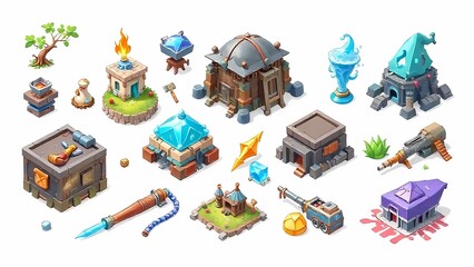 Set of different assets that could be used in fantasy video game design