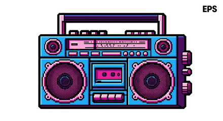 A vibrant, pixelated illustration of a retro boombox with speakers, cassette player, and controls, rendered in blue, pink, and purple hues.