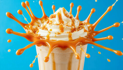 A creamy milkshake with whipped cream, caramel sauce and cookie crumbles on a bright blue background. A dynamic splash of caramel adds a playful and delicious touch