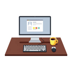 Computer workstation setup with a monitor displaying a profile page, keyboard, mouse, and a yellow mug of coffee on a brown desk.