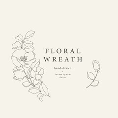 Floral frame, wreath in line art style. Hand drawn delicate minimal simple flowers, leaves and branches. Vector illustration for logo or tattoo, save the date card, wedding invitation