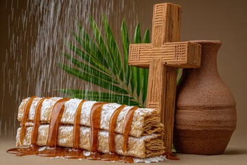 Crispy Buñuelos Stack with Caramel Drizzle, Powdered Sugar, Wood Cross, Vase and Palm Leaf on Beige Background, Symbolic for Palm Sunday, Easter, Spanish Cuisine
