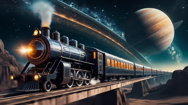 Vintage Train Through Cosmic Rings - Futuristic Journey
