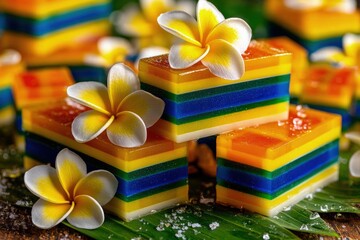 Vibrant layered jelly cubes topped with plumeria blossoms, a tropical dessert treat on glossy banana leaf, warm lighting, macro, detailed food shot