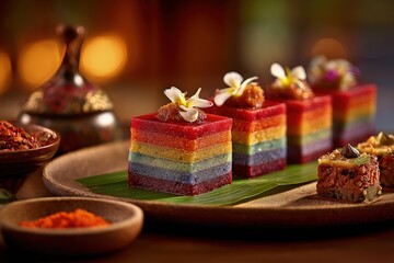 Still Life with Tropical Flowers, on Banana Leaf, Warm Tones, Culinary Art, Southeast Asian Dessert, Square Format, Gourmet Presentation