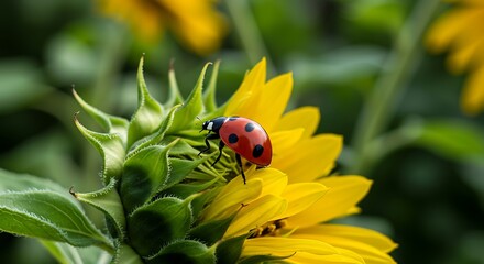 Obraz premium Ladybug resting on a sunflower bud.