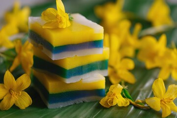 Elegant Still Life of Layered Dessert with Yellow Flowers, Macro Photography, Bright and Vibrant Colors, Banana Leaf Background, Close-up Shot