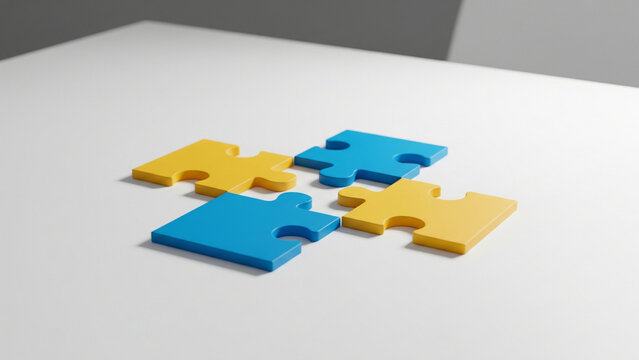 Partially connected puzzle pieces on large table symbolizing collaborative process, creative teamwork and idea development