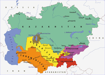 Vector political, physical, geographical
world map. Fragment of central asia region with 
kazakhstan,
uzbekistan, turkmenistan, tajikistan, kyrgyzstan,
balkhash lake, kara kum desert, caspian sea.