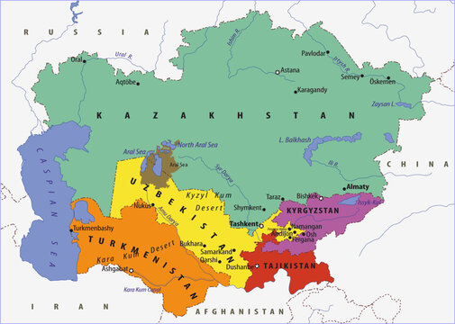 Vector political, physical, geographical
world map. Fragment of central asia region with 
kazakhstan,
uzbekistan, turkmenistan, tajikistan, kyrgyzstan,
balkhash lake, kara kum desert, caspian sea.