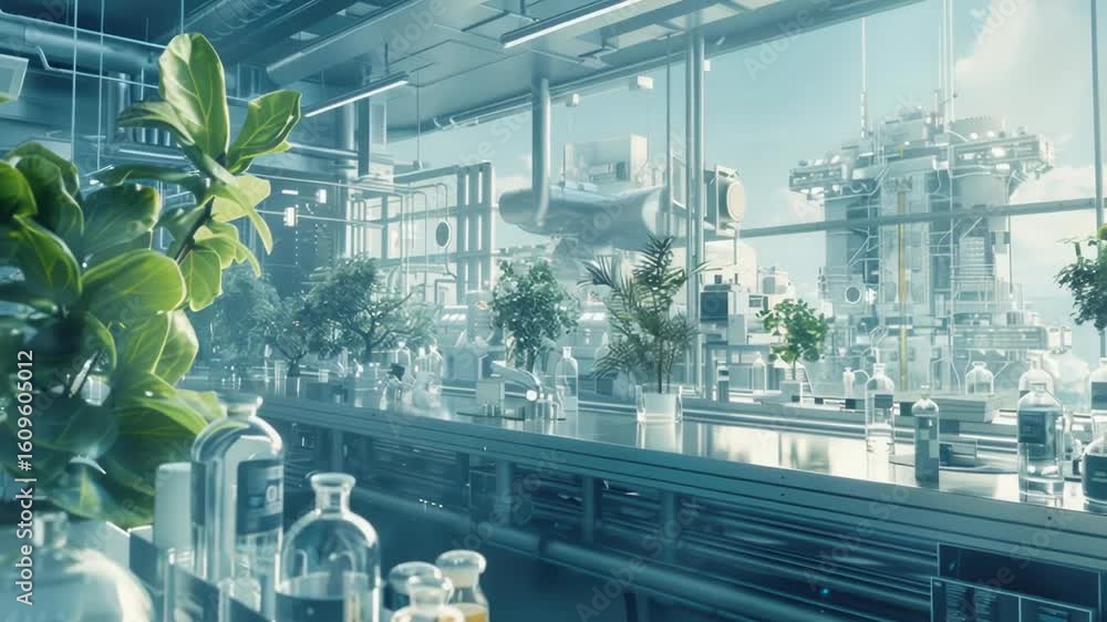 Poster microscope and plants in a science lab setting