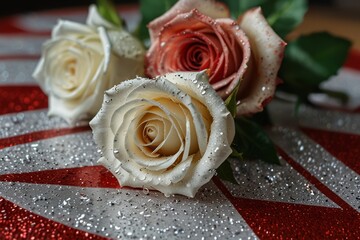 White roses in red glitter and sparkle