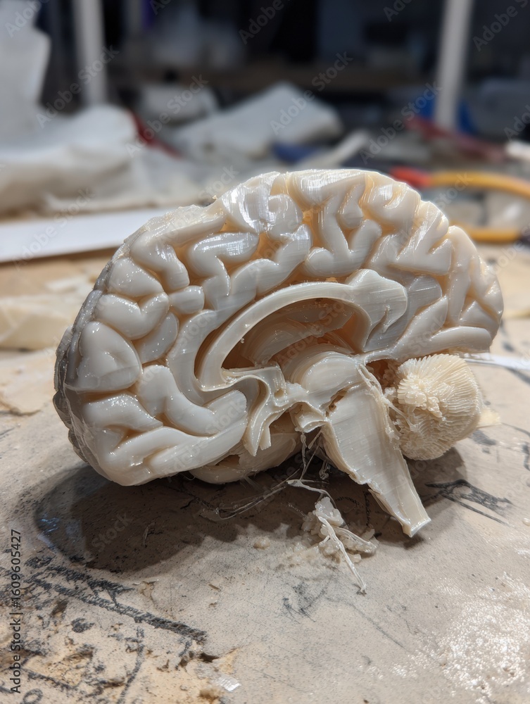 Poster 3d printed brain model displayed on a work table with clear ergonomic design and intricate details c