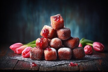 Stacked donuts with red jam and powdered sugar, pink tulips, dark wooden table, doily, moody lighting, delicious treats, tempting dessert
