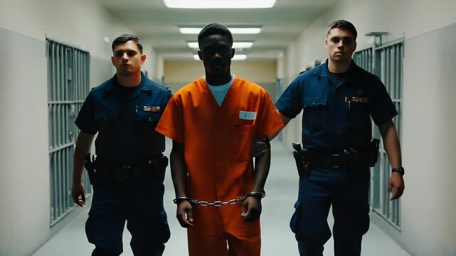 A young African-American male inmate walks in handcuffs, flanked by two guards in a dimly lit prison corridor with cold concrete walls and steel bars