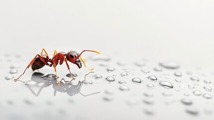 Fototapeta premium Close-up of a red ant on a surface with water droplets