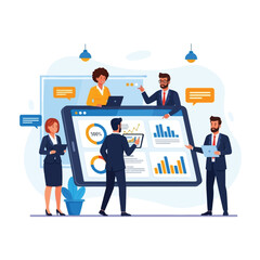 Business team analyzing data charts and graphs displayed on a large tablet screen, collaborating and discussing strategy.